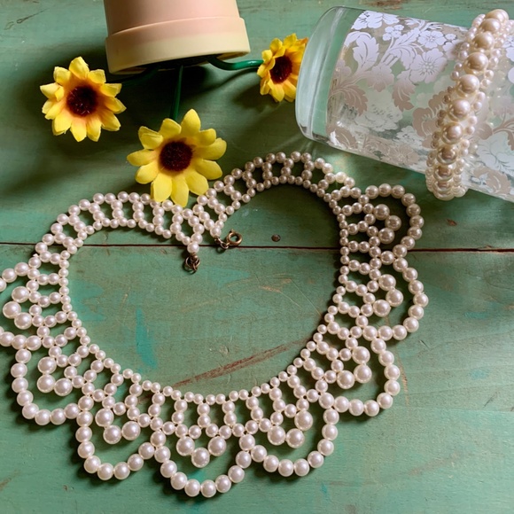 Mid-Century Faux White Pearl Lacy Collar Necklace & Bracelet - Vintage Bride - Picture 13 of 13
